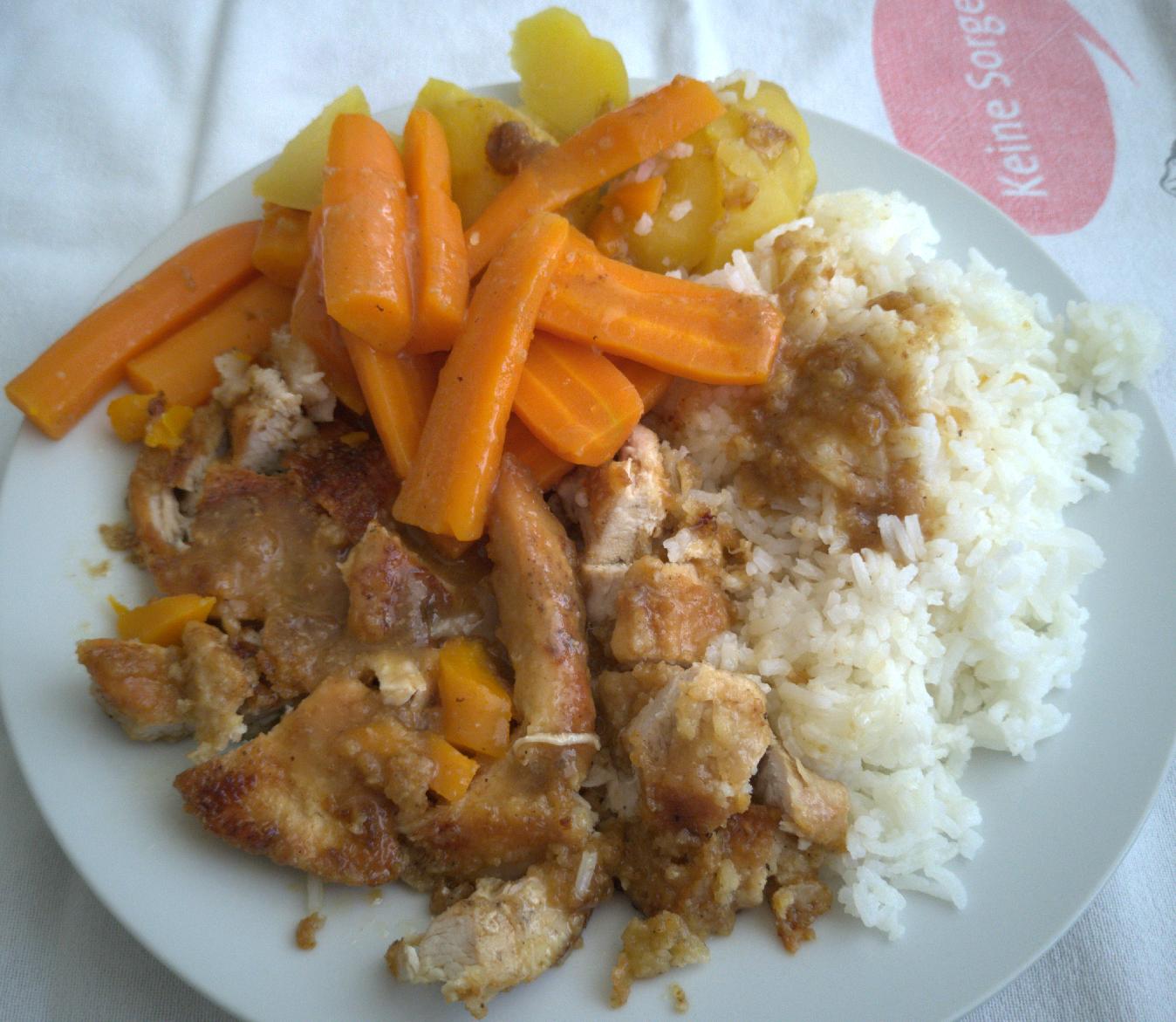 Sosfleisch/Nature Schnitzel with mushrooms, potatoes, rice and carrots